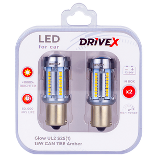 Комплект світлодіодних LED ламп DriveX Glow UL2 S25(1) Amber (жовта) 12V 15W CAN 2600Lm 1156/P21W BA15S &Oslash;15 мм 000001898 фото
