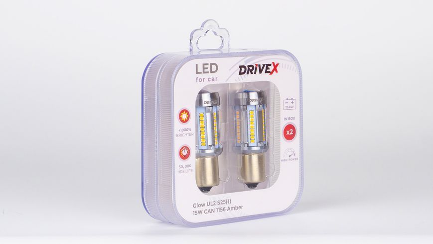 Комплект світлодіодних LED ламп DriveX Glow UL2 S25(1) Amber (жовта) 12V 15W CAN 2600Lm 1156/P21W BA15S &Oslash;15 мм 000001898 фото