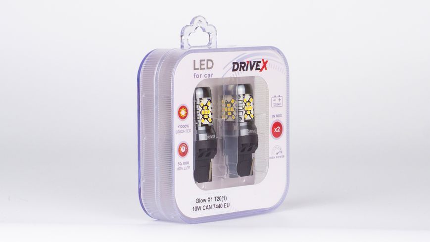 Комплект світлодіодних LED ламп DriveX Glow X1 T20(1) 12-24V 10W CAN 1200Lm 7440/W21W &Oslash;16 мм EU 000001770 фото