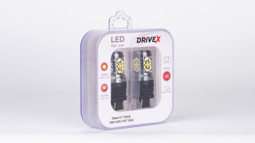 Комплект світлодіодних LED ламп DriveX Glow X1 T25(2) 12-24V 10W CAN 1200Lm 3157/P27/7W &Oslash;16 мм USA 000001781 фото